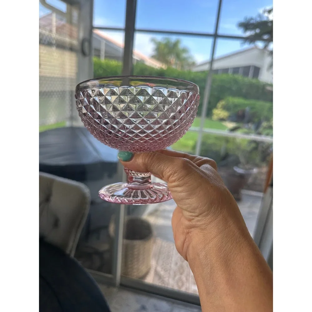 Vintage Pink Glass Dessert Bowls Set of 6 Diamond Point Footed Ice Cream Coupes